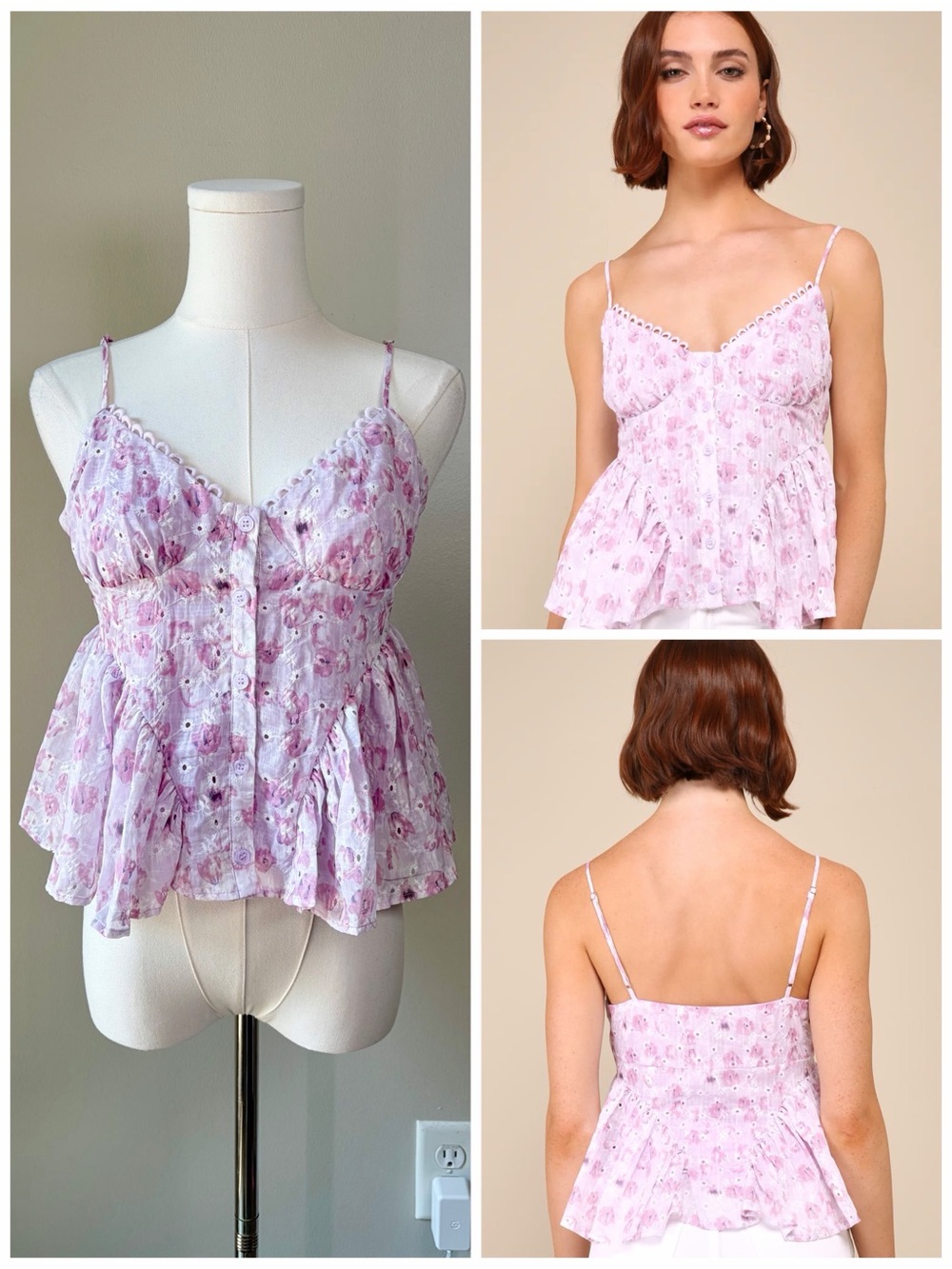 Lulus Enchanting Sweetie Lilac Floral Eyelet Button-Up Cami Fairy Whimsy Dreamy